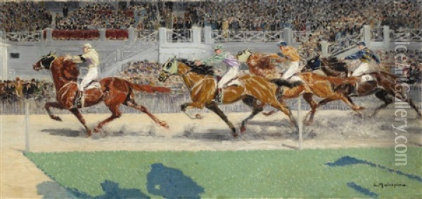 Prix Du President, Vincennes, 1928, Gagnant Cyclone A.m. Dupuis Oil Painting - Louis Ferdinand Malespina