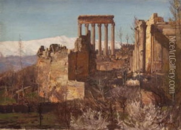 Die Ruinen Von Baalbeck, Im Hintergrund Das Libanongebirge Oil Painting - Georg Macco