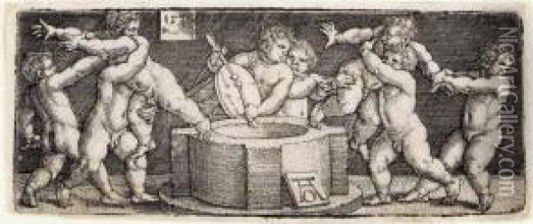 Eight Nude Children At A Well (bartsch, Hollstein 267) Oil Painting - Heinrich Aldegrever
