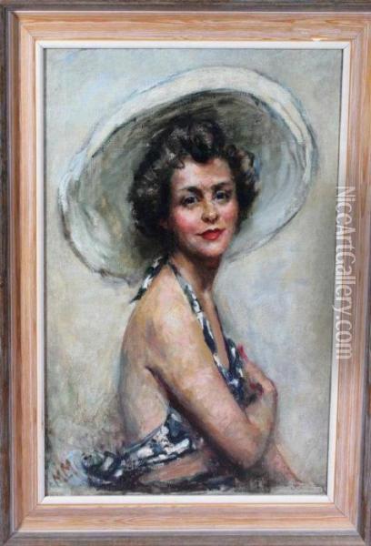 A Portrait Of A Young Woman Wearing A Bathing Costume And A Broad-brimmed White Hat Oil Painting - Mortimer Luddington Mempes