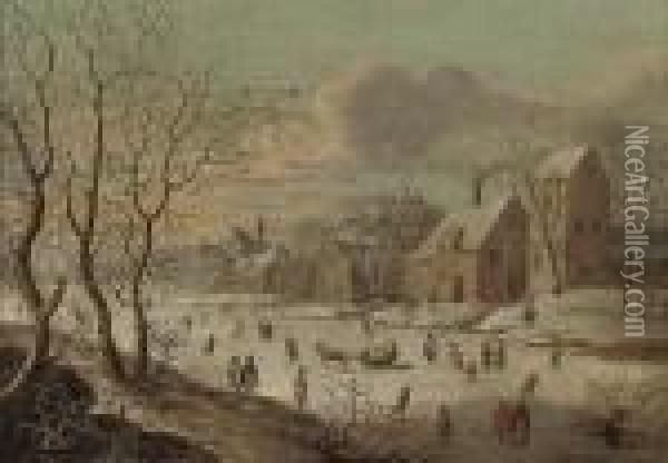 A Frozen River Landscape With Figures Playing Kolf, By A Village Oil Painting - Jan Griffier I