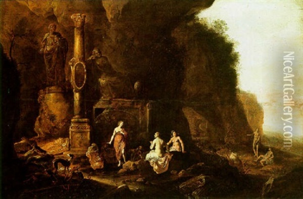A Mountainnous Landscape With Diana And Her Nymphs Resting Among A Set Of Ruins Oil Painting - Abraham van Cuylenborch