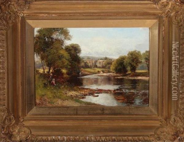 Girls Picking Wild Flowers At A Riverbank With Cattle And A Ruined Abbey In The Distance Oil Painting - William Manners