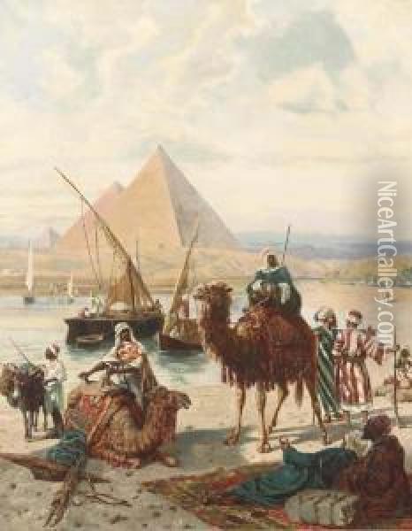 Nomads Resting By The River With Pyramids Beyond Oil Painting - Ruppert Otto Von