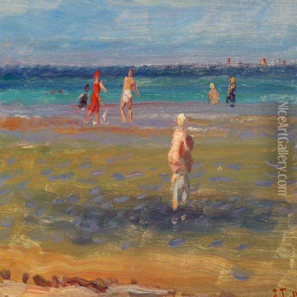 Children Bathing Oil Painting - Laurits Regner Tuxen