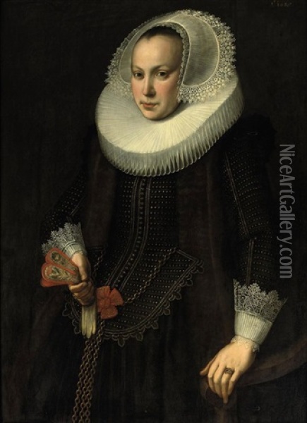 Portrait Of A Young Lady In A Gold Embroidered Black Dress With Fur Lining, A Molensteenkraag And A Lace Headdress And Cuffs Oil Painting - Nicolaes Eliasz Pickenoy
