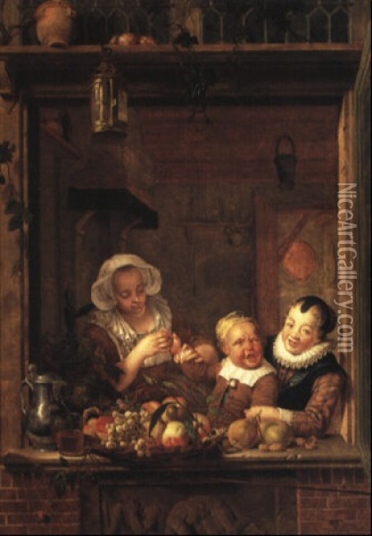 A Nursemaid, A Girl And A Young Boy Seated At An Open Window Oil Painting - Jan Stolker
