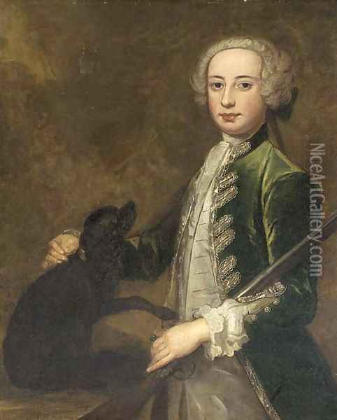 Portrait of a young gentleman, three-quarter-length, in a green coat, holding a gun, with a spaniel Oil Painting - Joseph Highmore