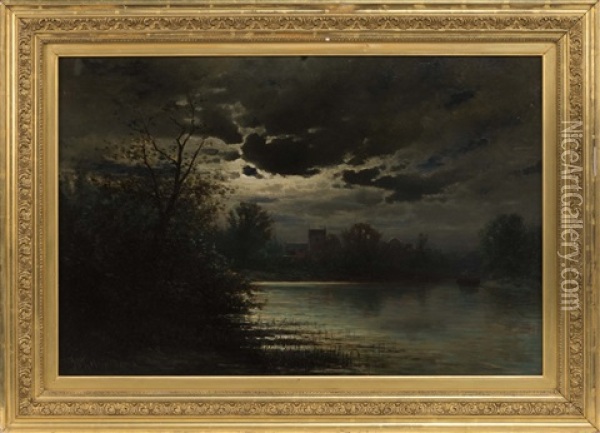 Nocturnal River View, Oil Painting - Joseph Antonio Hekking