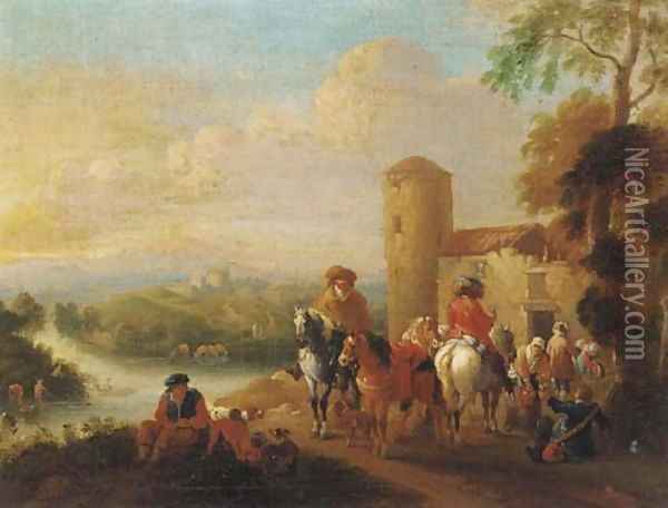 Mounted travellers at halt by an inn, a river and town beyond Oil Painting - Pieter Wouwermans or Wouwerman