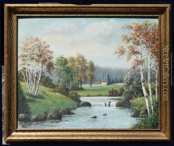 Country Landscape Withstream Oil Painting - A. Gates