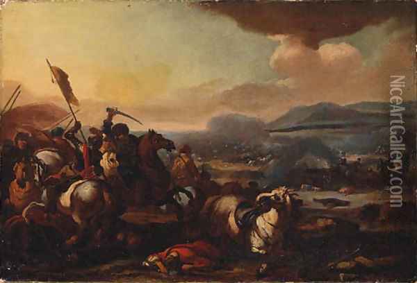 A Cavalry Battle between Turks and Christians Oil Painting - Acques (Le Bourguignon) Courtois