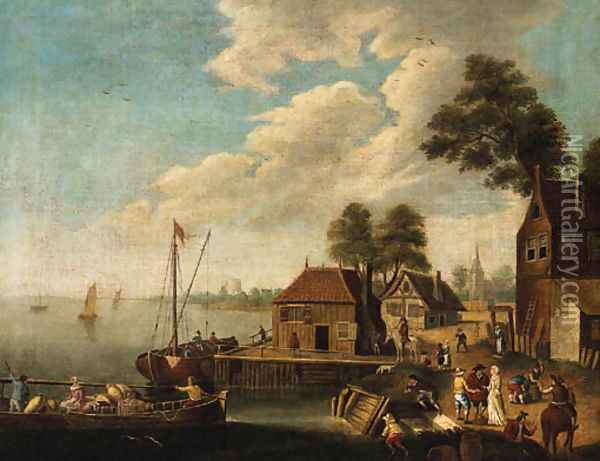 Figures on a Quayside in a River Estuary Oil Painting - Dutch School