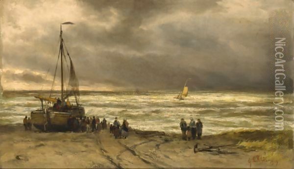 Fisherfolk By A Beached Bomschuit Oil Painting - George Laurens Kiers