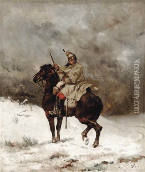 A Dragoon In The Snow Oil Painting - James Alexander Walker