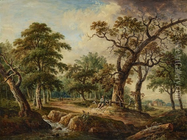 Forest Landscape With People Oil Painting - Christian Georg Schuetz the Younger