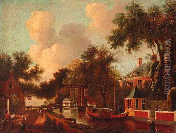 Figures by a canal, a house beyond Oil Painting - Dutch School