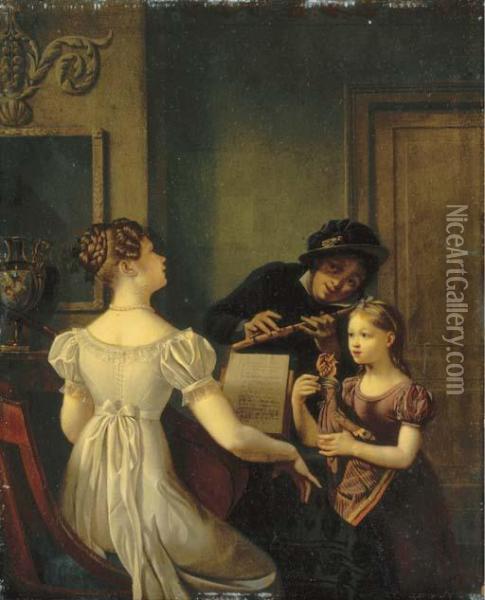 Elegant Company Playing Music In An Interior Oil Painting - Celestin Francois Nanteuil