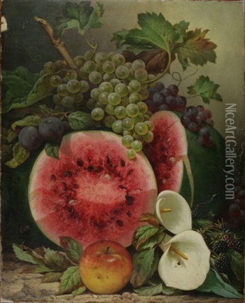 Still Life With Watermelon, Fruit And Calla Lillies Oil Painting - William Mason Brown
