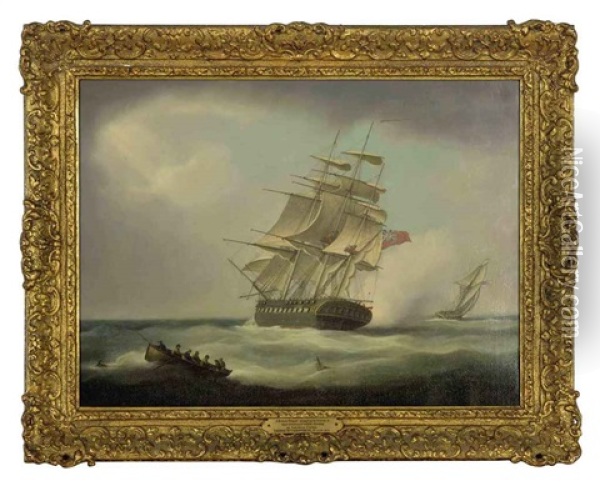 A British Frigate Stopping To Rescue A Man Overboard Whilst Chasing An American Cutter Oil Painting - Thomas Buttersworth