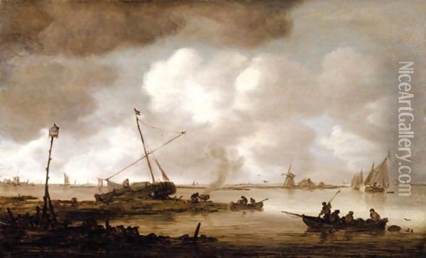 An Estuary Scene With A Fishing-Boat In The Foreground, And Figures Caulking A Small Dutch Vessel Beyond Oil Painting - Jan van Goyen
