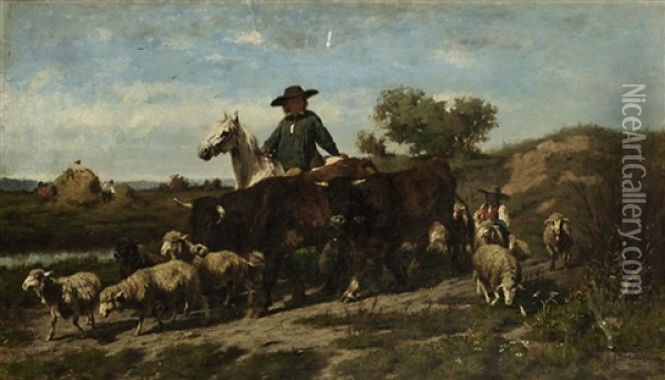 Bauer Zu Pferd Mit Kuhen Und Schafen Oil Painting - Antonis Matteo Montemezzo