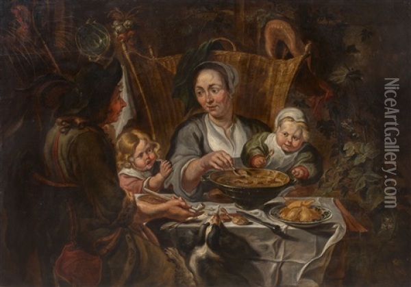 A Peasant Family Dining In An Interior; Two Children With A Dog, Chicken Repellent (2 Works) Oil Painting - Jacob Jordaens