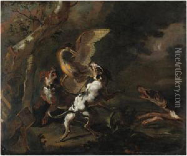 Scena Con Cani Che Cacciano Un Uccello Oil Painting - Abraham Hondius