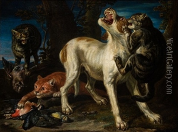 Gatos Atacando A Un Perro Oil Painting - David de Coninck