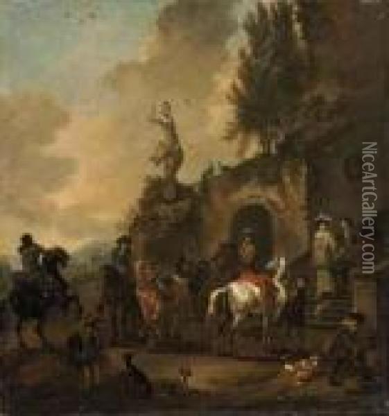 A Capriccio Of Classical Ruins With A Riding Party Oil Painting - Jan Wyck