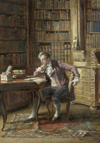 The Library Oil Painting - Johann Hamza