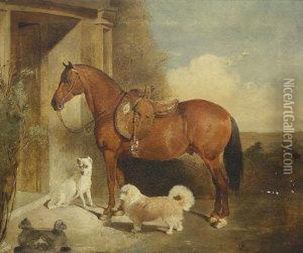 Bay Hunter With Side Saddle And Terriers Standing By A Portal Oil Painting - John Frederick Herring Snr