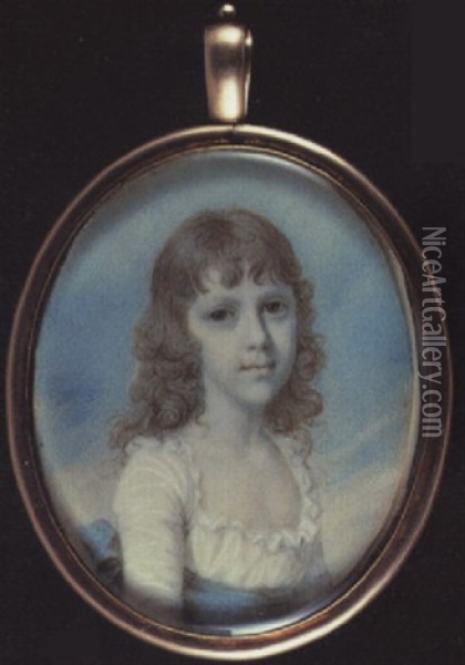 A Child (mary Spencer Shirley?) Wearing White Dress With Frilled Collar And Blue Ribbon Waistband Oil Painting - Richard Cosway