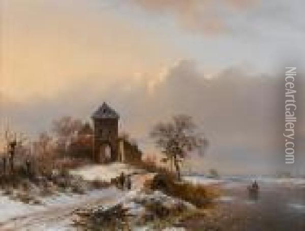 Winter Landscape With The Entrance Gate Of The Brewery At Vilvoorde Oil Painting - Frederik Marianus Kruseman
