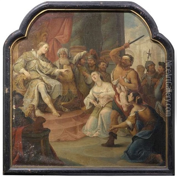 Salomons Gotzendienst (+ Das Urteil Salomos; Pair) Oil Painting - Franz Ludwig Hermann