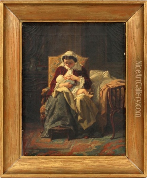 Mother & Child Oil Painting - Jean-Baptiste Jules Trayer