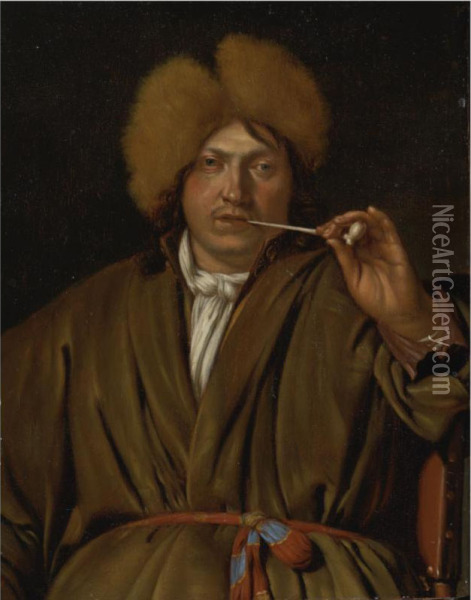 Portrait Of A Gentleman, Half Length, Holding A Pipe And Wearing A Brown Hat Oil Painting - Cornelis De Man