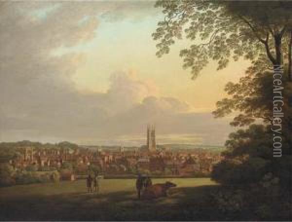 A Extensive View Of Derby, With Figures And Cattle In Theforeground Oil Painting - Henry Lark Pratt