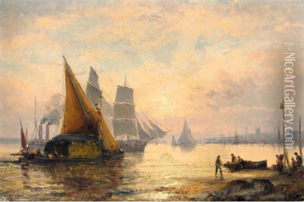 A River Landscape With A Barge Transporting Cargo; And Vessels On The River At Sunset Oil Painting - William Georges Thornley
