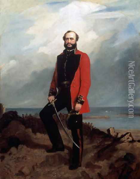 Major-General Charles Ashe Windham (1810-70) Coldstream Guards, standing in front of the Redan, Sebastopol, 1855 Oil Painting - Charles Couzens