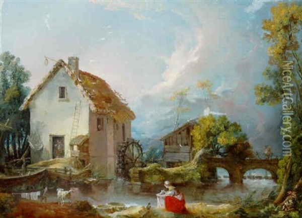 A River Landscape With A Watermill And A Bridge With A Washerwoman On A Bank In The Foreground Oil Painting - Nicolas-Jacques Juliard