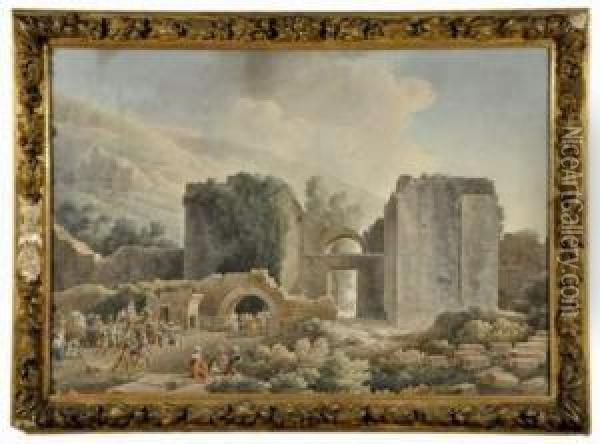 Ruines Antiques Et Soldats Ottomans. Oil Painting - Louis Francois Cassas