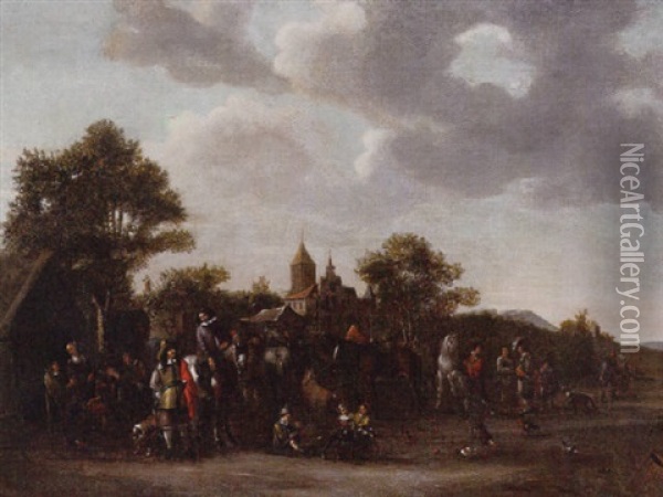 Horsemen And Other Figures Resting Near An Inn, A Village Beyond Oil Painting - Cornelisz van Essen