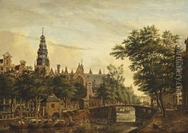 A View Of The Oude Kerk From The Oudezijds Voorburgwal, Amsterdam Oil Painting - Jan De Beyer