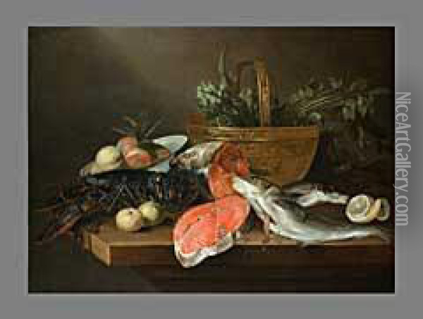 Grosses Stilleben Mitfischen, Hummer, Artischocken Und Fruchten Oil Painting - Frans Ykens