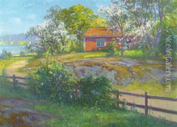 Sommarlandskap Med Rod Stuga Och Blommande Frukttrad Oil Painting - Carl Brandt