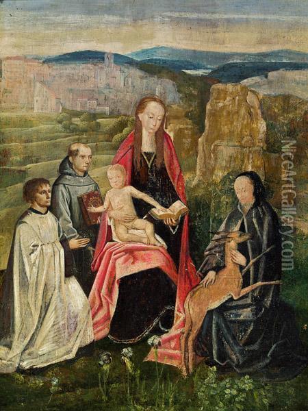 Madonna Mit Kind, Umgeben Von Heiligen, In Einer Weiten Landschaft Oil Painting - Hans Memling