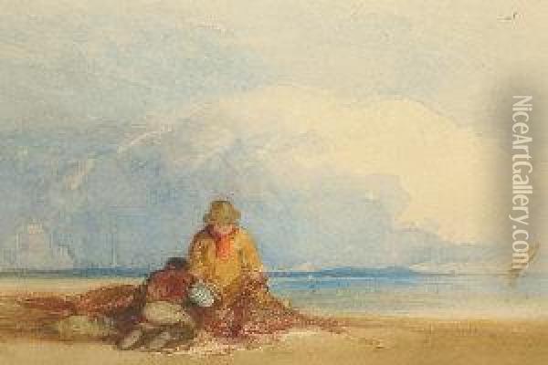 Fishermen On A Shore With Shippingbeyond Oil Painting - Anthony Vandyke Copley Fielding