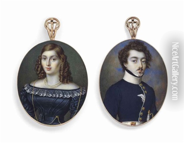 A Pair Of Miniatures: A Young Officer In White-bordered Blue Uniform With White Collar;  Together With A Young Lady, Probably His Wife, In Black Silk Dress With White Lace Collar (2 Works) Oil Painting - Johannes Baptista van Acker
