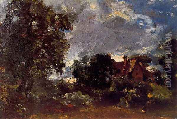 A cottage lane at Langham (Sketch for the Glebe farm) Oil Painting - John Constable